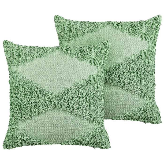 Set di 2 cuscini decorativi in cotone verde 45 x 45 cm tinta unita motivo geometrico trapuntato federa boho
