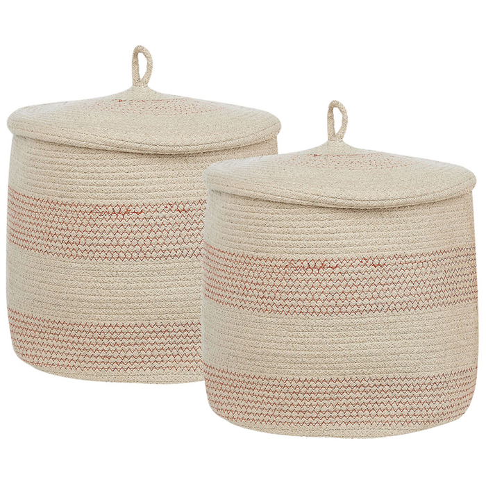 Set di 2 cestini beige chiaro con tessuto di cotone a righe rosa con coperchio boho accessori per la conservazione
