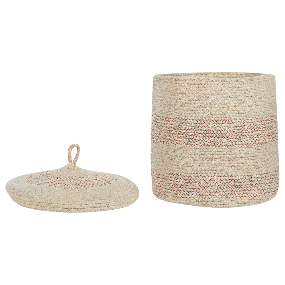 Set di 2 cestini beige chiaro con tessuto di cotone a righe rosa con coperchio boho accessori per la conservazione