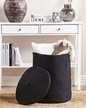 Cestino in tessuto di cotone nero con accessori per la conservazione del coperchio boho