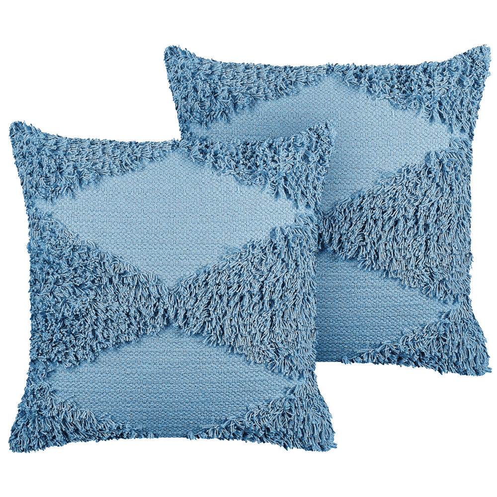 Set di 2 cuscini decorativi in cotone blu 45 x 45 cm federa boho trapuntata a motivi geometrici solidi