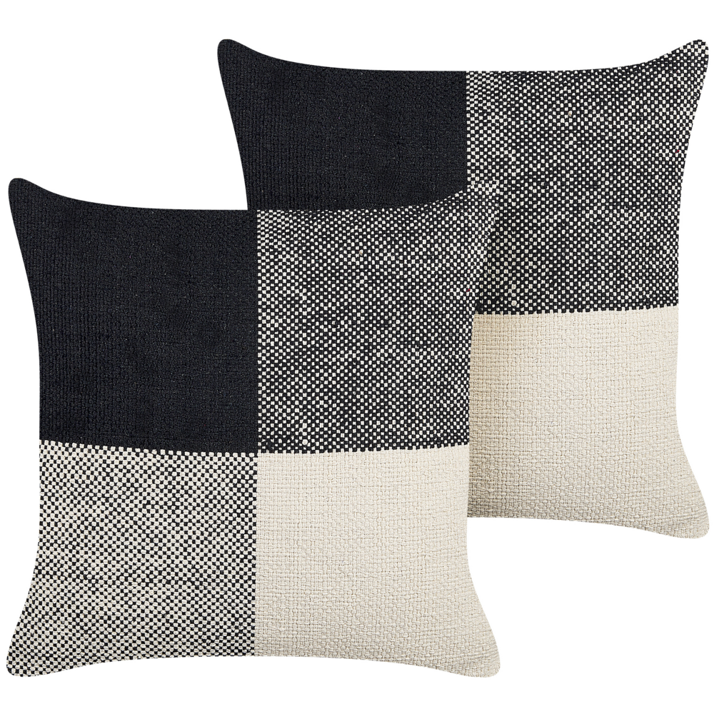 Set di due cuscini decorativi in cotone nero e beige con toppe 45 x 45 cm con imbottitura accessori decorativi soggiorno camera da letto
