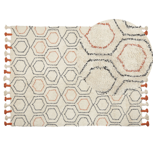 Tappeto in cotone beige e arancione 140 x 200 cm con frange e motivo geometrico camera da letto soggiorno stile boho