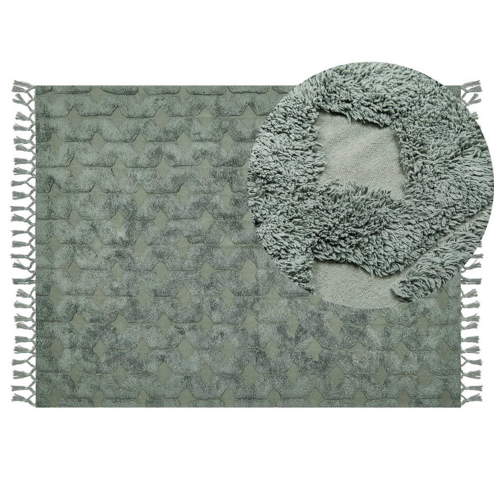 Tappeto cotone trapuntato verde con nappe 140 x 200 cm stile boho soggiorno