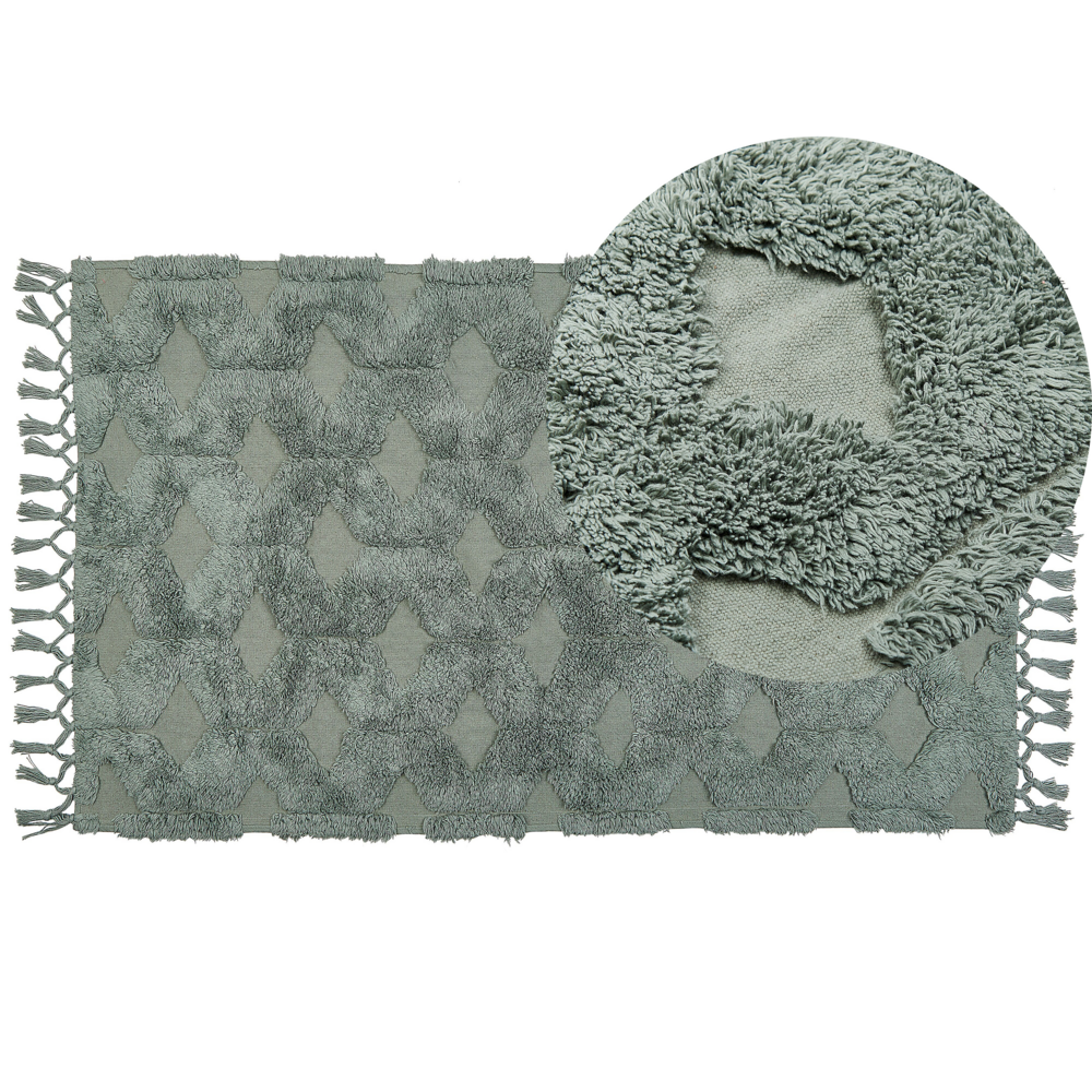 Tappeto cotone trapuntato verde con nappe 80 x 150 cm stile boho soggiorno
