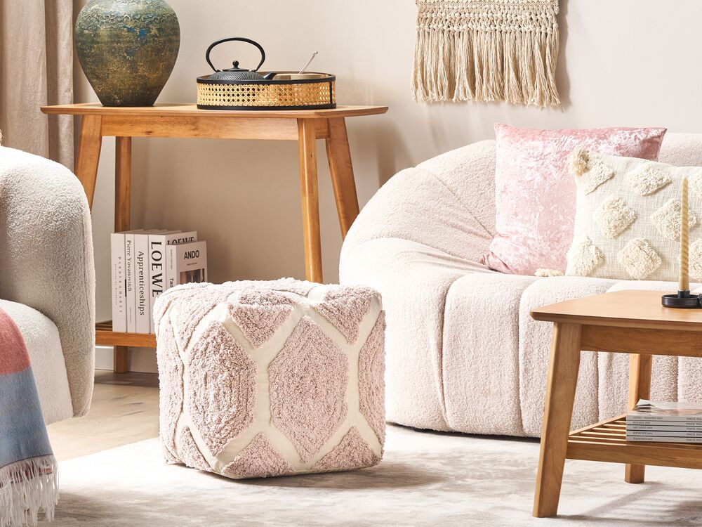 Pouf cotone beige e rosa motivo decorativo soggiorno camera da letto boho