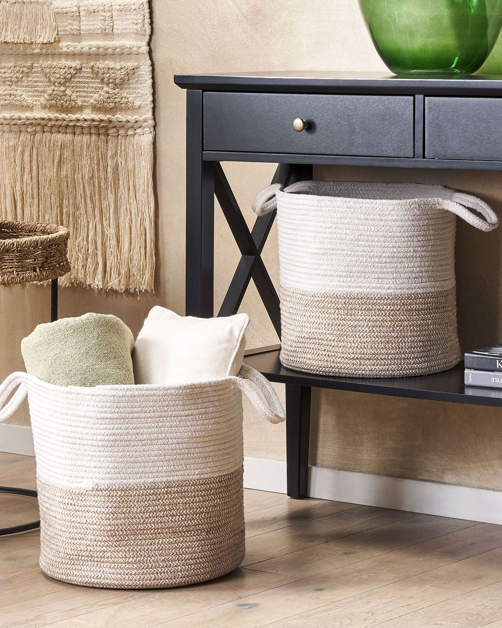 Set di 2 cestini in tessuto di cotone beige bianco 35/33 cm per la decorazione boho dell'ornamento