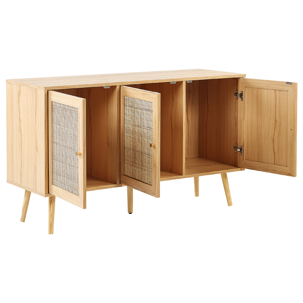 Credenza con 3 ante in rattan in colore marrone chiaro stile boho soggiorno camera da letto