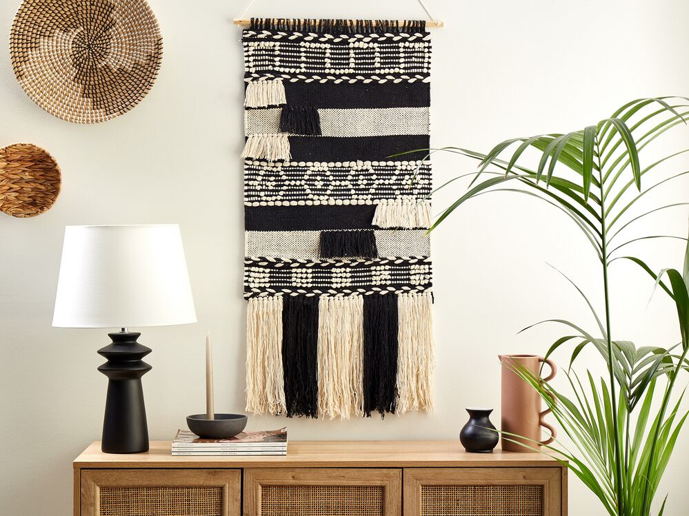 Decorazioni da parete in cotone nero beige nappa fatta a mano arte della parete motivo geometrico boho per soggiorno camera da letto