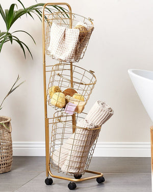 Carrello Portaoggetti per Bagno 3 Cestelli in Metallo Dorato con Ruote