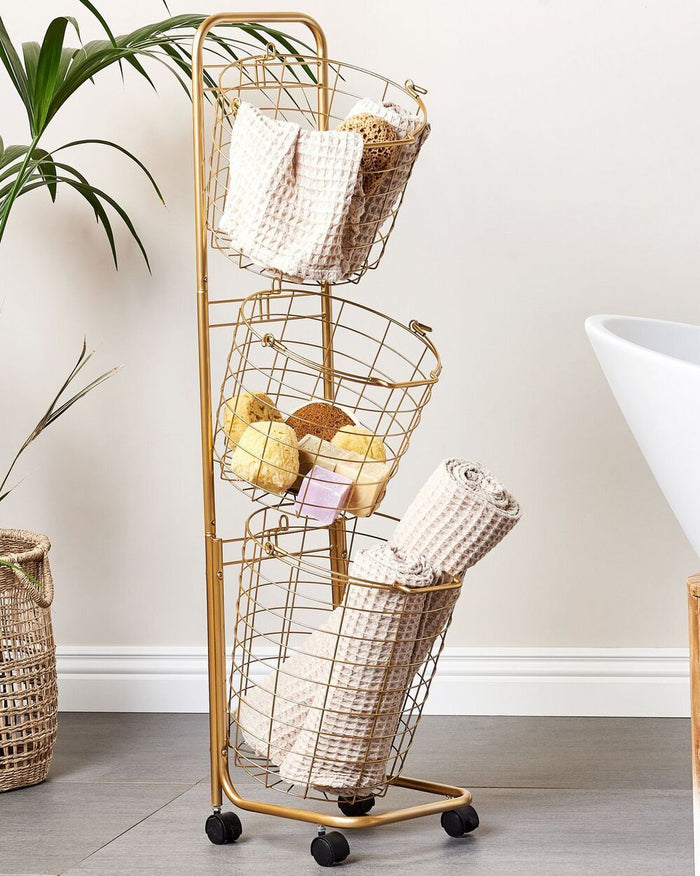 Carrello Portaoggetti per Bagno 3 Cestelli in Metallo Dorato con Ruote