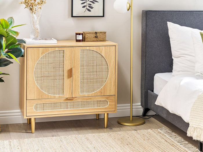 Comodino in rattan marrone chiaro con cassetto vano portaoggetti e 2 sportelli in stile boho minimalista camera da letto