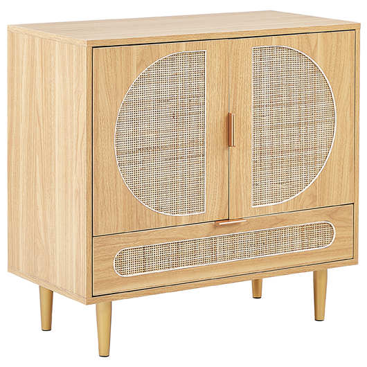 Comodino in rattan marrone chiaro con cassetto vano portaoggetti e 2 sportelli in stile boho minimalista camera da letto