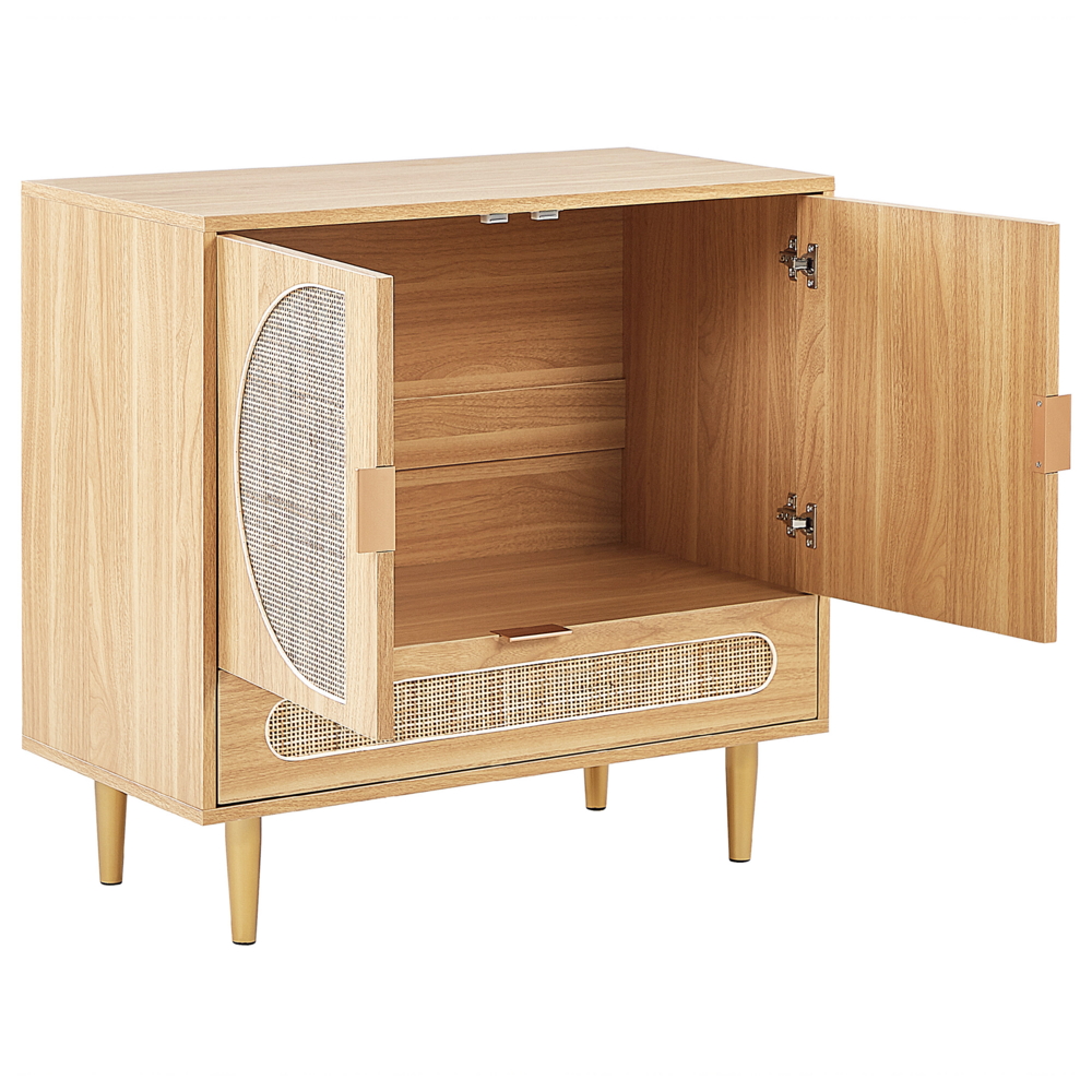 Comodino in rattan marrone chiaro con cassetto vano portaoggetti e 2 sportelli in stile boho minimalista camera da letto