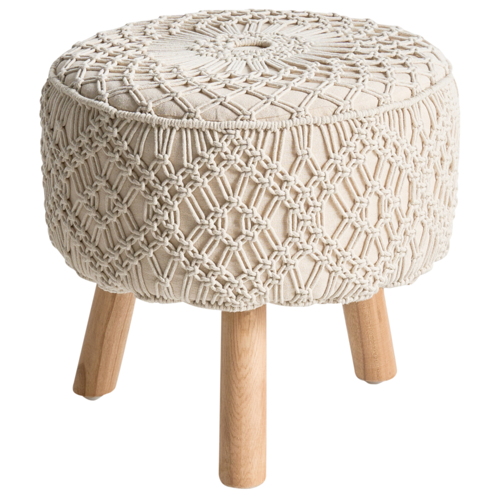 Sgabello cotone macramè beige e legno chiaro 40 cm fatto a mano boho camera da letto soggiorno cameretta