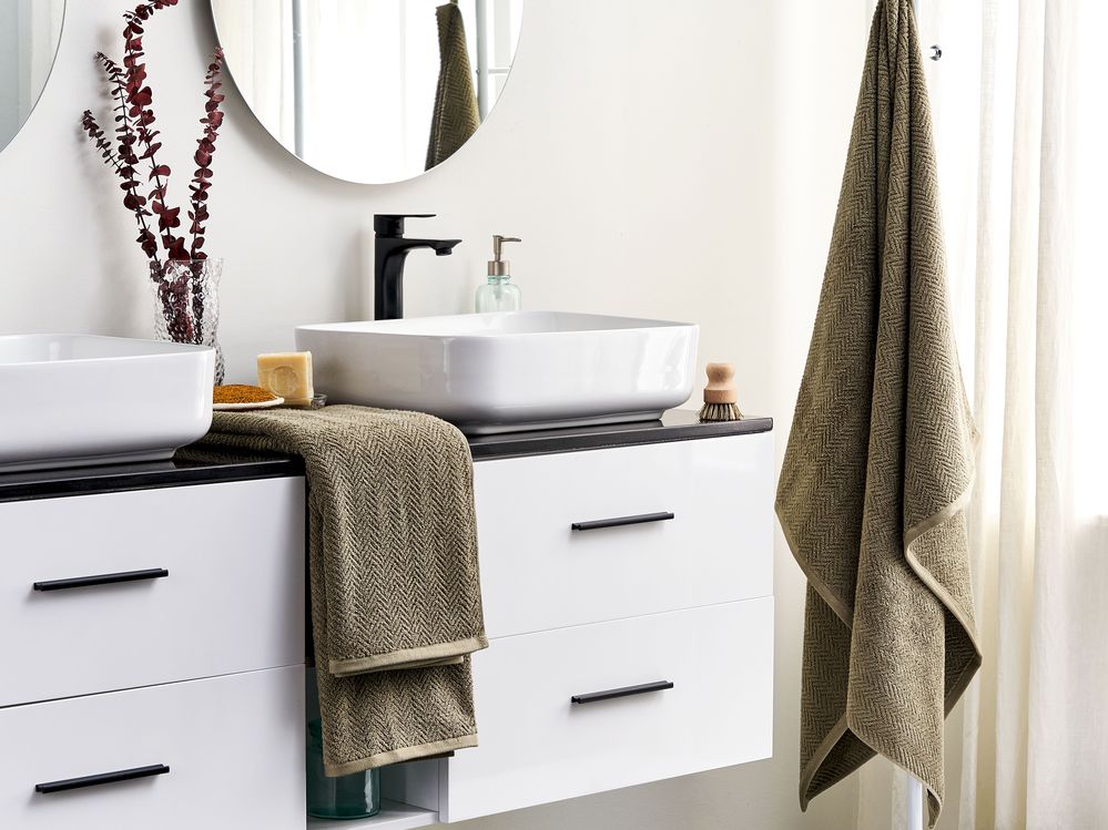 Set di 2 asciugamani in morbido cotone verde menta con motivo a spina di pesce stile classico ospiti bagno