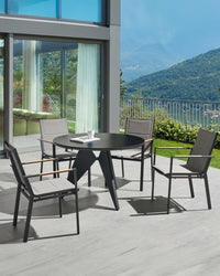Set di 4 sedie da giardino in metallo nero grigio chiaro con cuscini in legno moderno