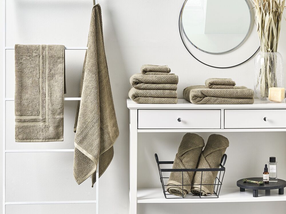 Set di 9 asciugamani in morbido cotone verde con motivo a spina di pesce stile varie dimensioni classico ospiti bagno