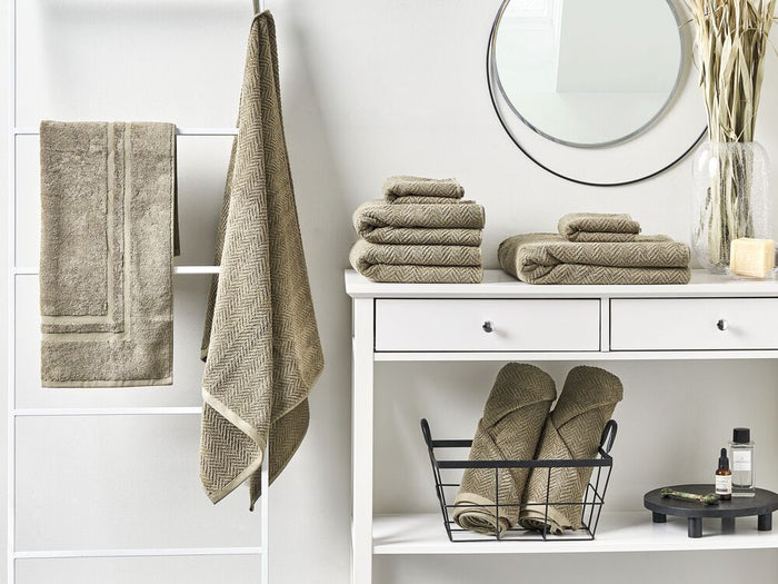 Set di 9 asciugamani in morbido cotone verde con motivo a spina di pesce stile varie dimensioni classico ospiti bagno