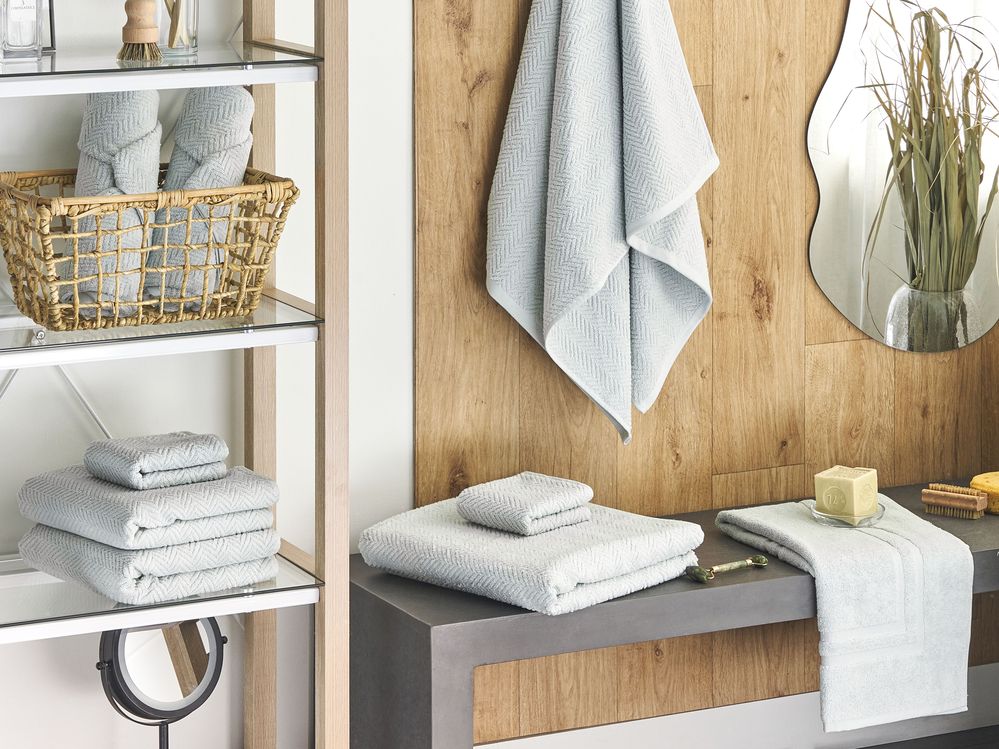 Set di 9 asciugamani in morbido cotone verde menta con motivo a spina di pesce stile varie dimensioni classico ospiti bagno