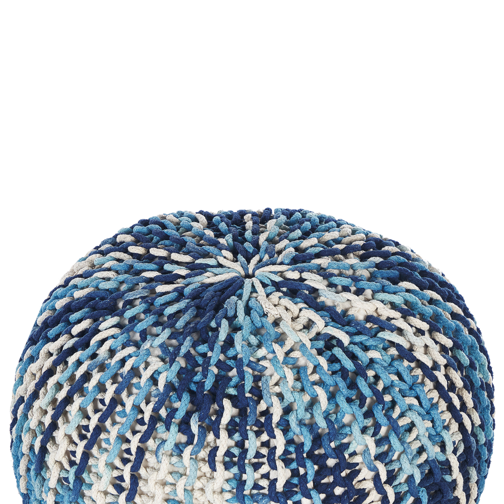 Pouf ottomana bianco e blu cotone lavorato a maglia perline EPS riempimento rotondo piccolo poggiapiedi 50 x 35 cm