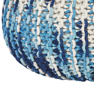 Pouf ottomana bianco e blu cotone lavorato a maglia perline EPS riempimento rotondo piccolo poggiapiedi 50 x 35 cm