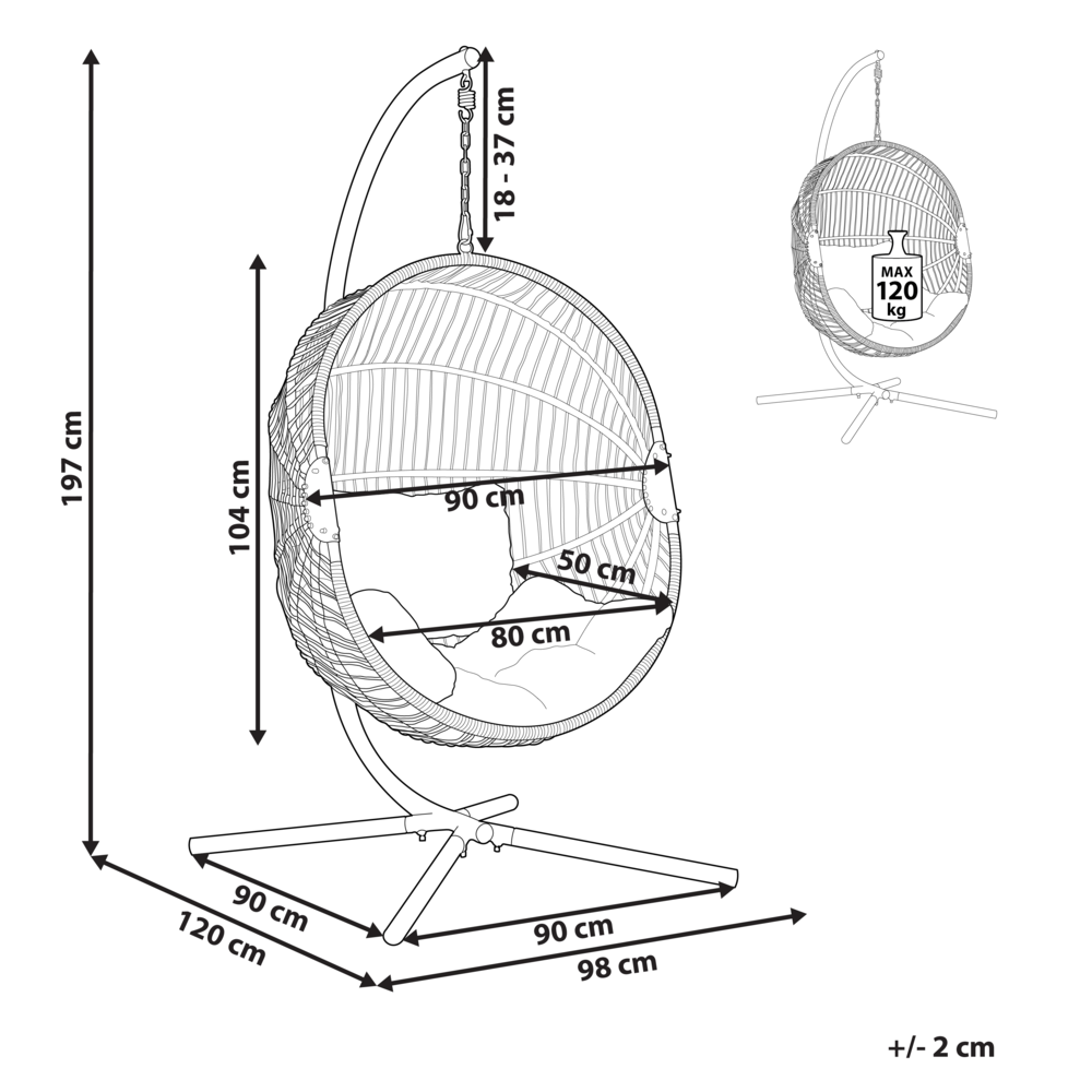 Poltrona sospesa in rattan bianco con base in metallo da interno e da esterno stile boho