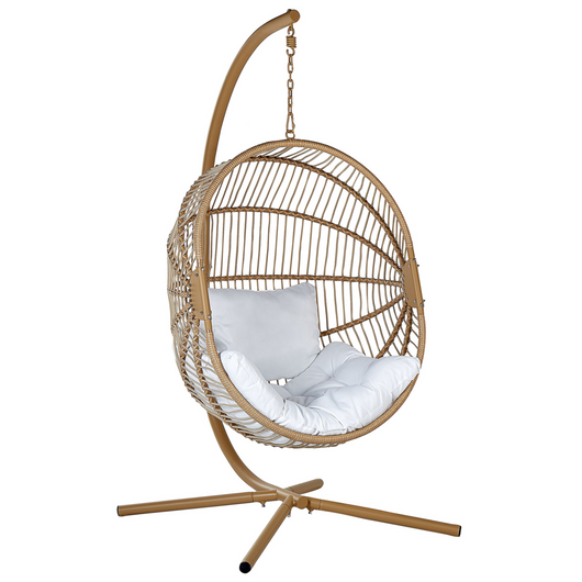 Poltrona sospesa in rattan naturale con base in metallo da interno e da esterno stile boho