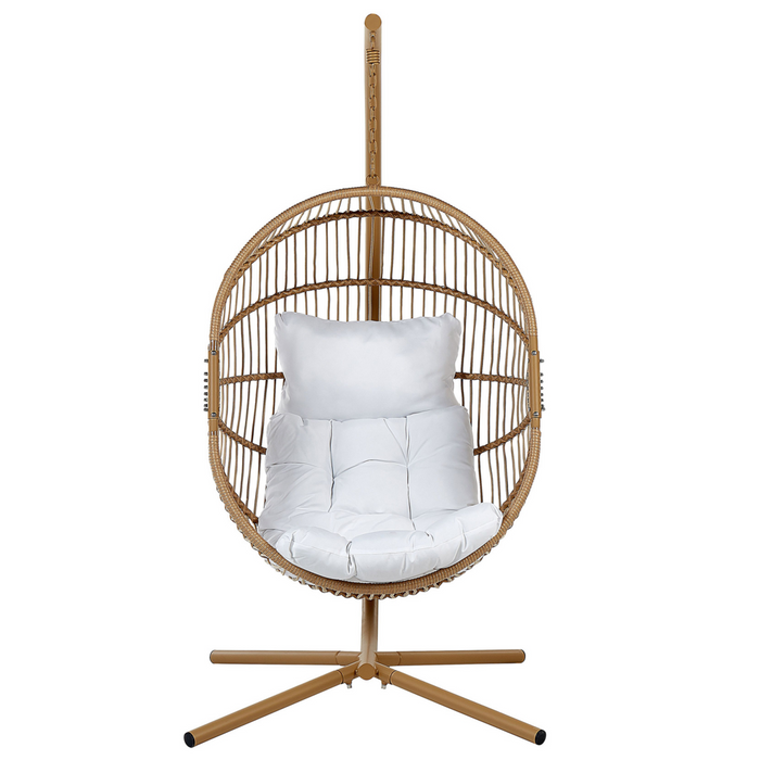 Poltrona sospesa in rattan naturale con base in metallo da interno e da esterno stile boho