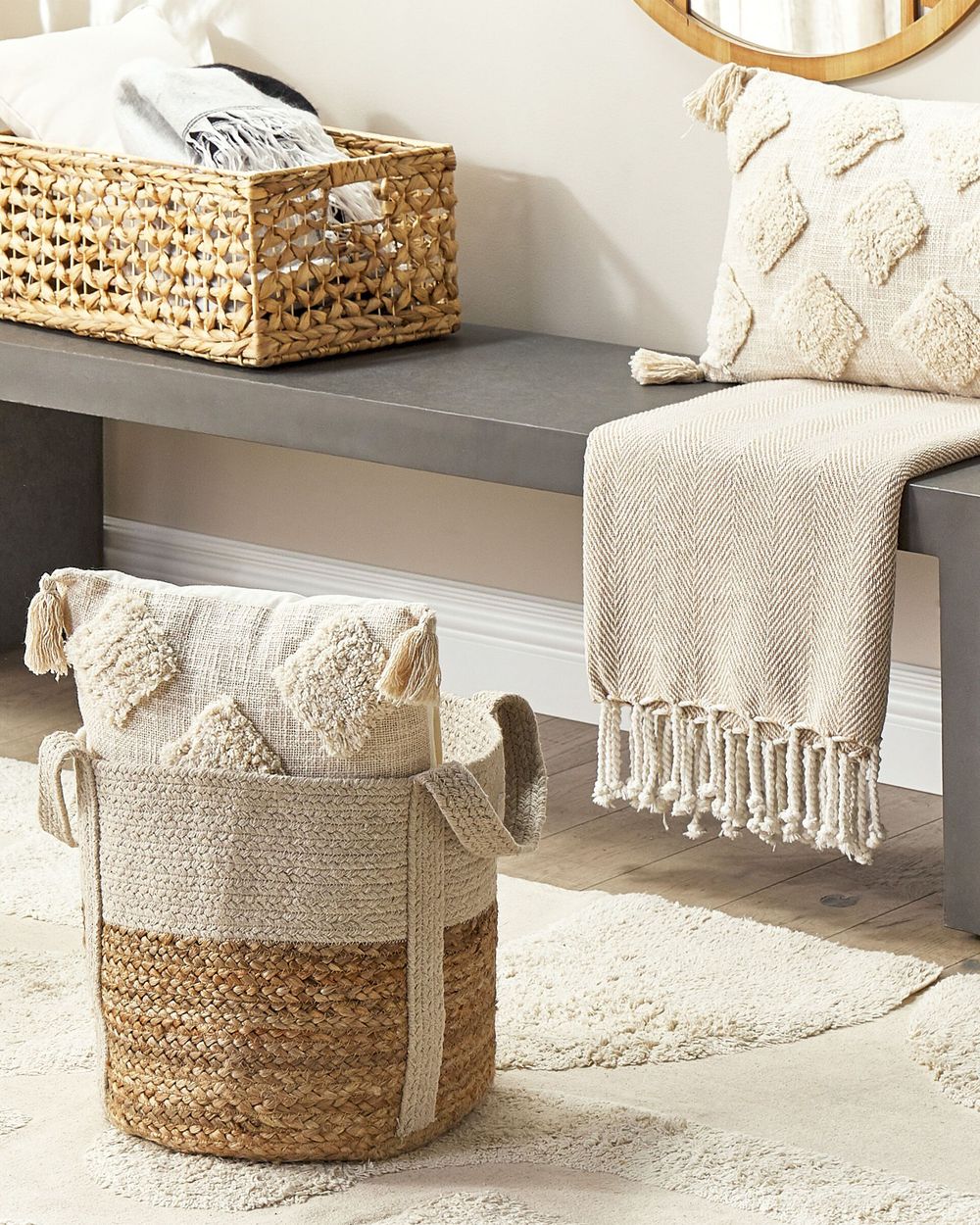 Cesto portaoggetti in juta e cotone beige e bianco Cesto portabiancheria intrecciato con manici