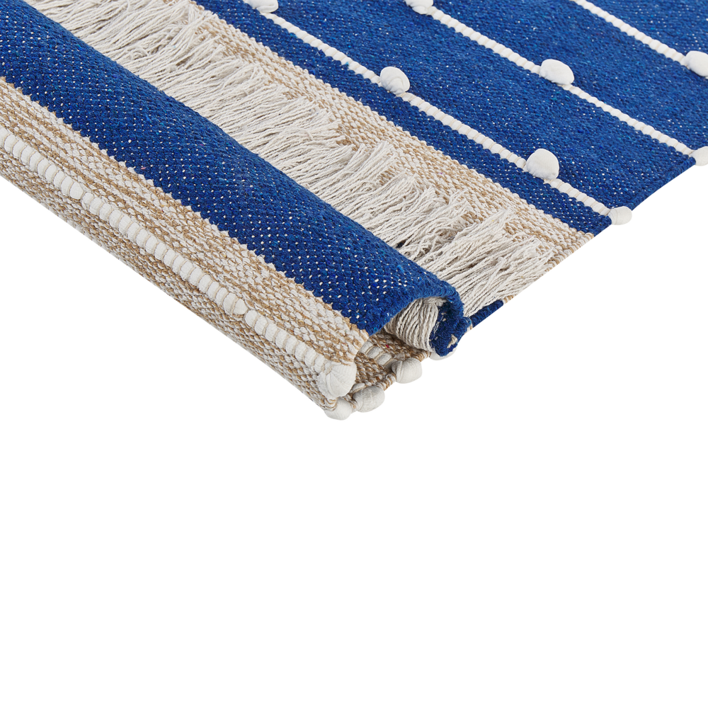 Tappeto in cotone blu e beige  con nappe e motivo a strisce verticali 80 x 150 cm camera da letto soggiorno ingresso
