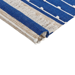 Tappeto in cotone blu e beige  con nappe e motivo a strisce verticali 80 x 150 cm camera da letto soggiorno ingresso