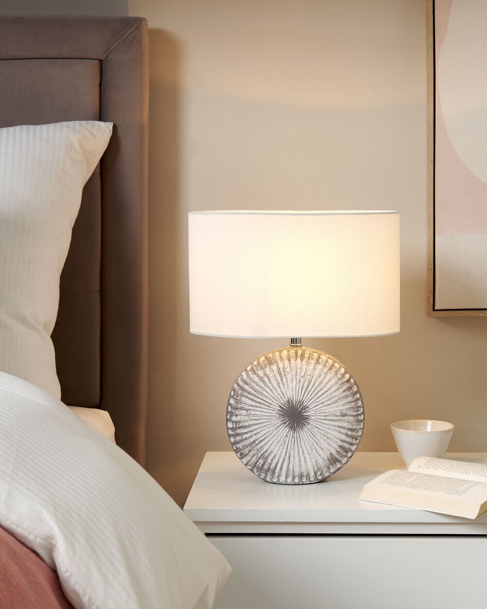 Lampada da tavolo in ceramica lino grigio bianco base 40 cm paralume in tessuto scrivania classica