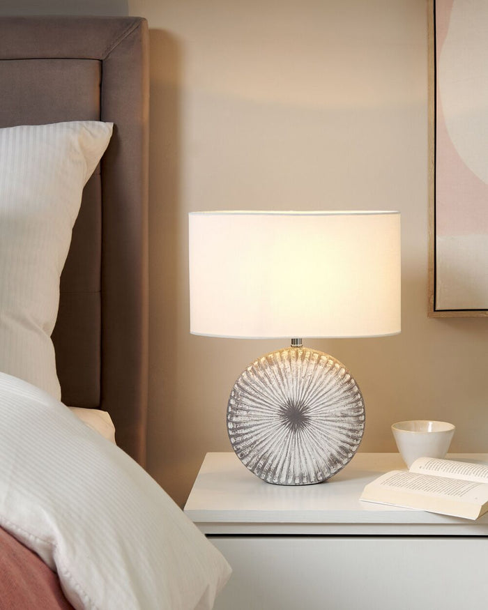 Lampada da tavolo in ceramica lino grigio bianco base 40 cm paralume in tessuto scrivania classica