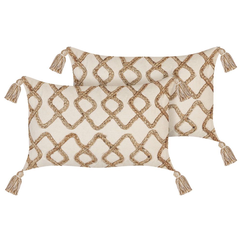 Set di 2 cuscini in cotone beige 30 x 50 cm motivo geometrico con nappe