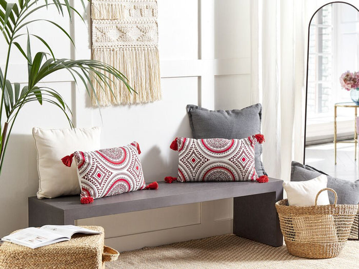 Set di 2 cuscini in cotone bianco bordeaux rosso 30 x 50 cm imbottitura orientale motivo geometrico fatto a mano