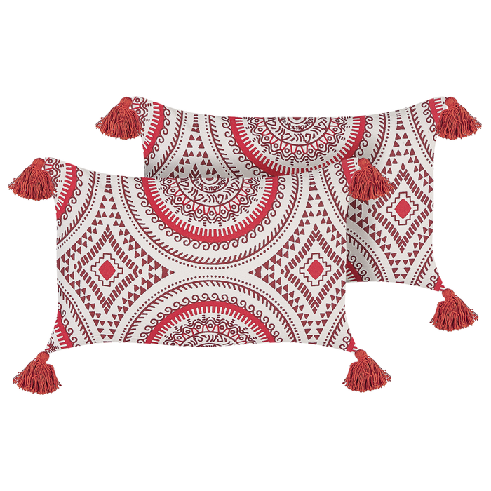 Set di 2 cuscini in cotone bianco bordeaux rosso 30 x 50 cm imbottitura orientale motivo geometrico fatto a mano