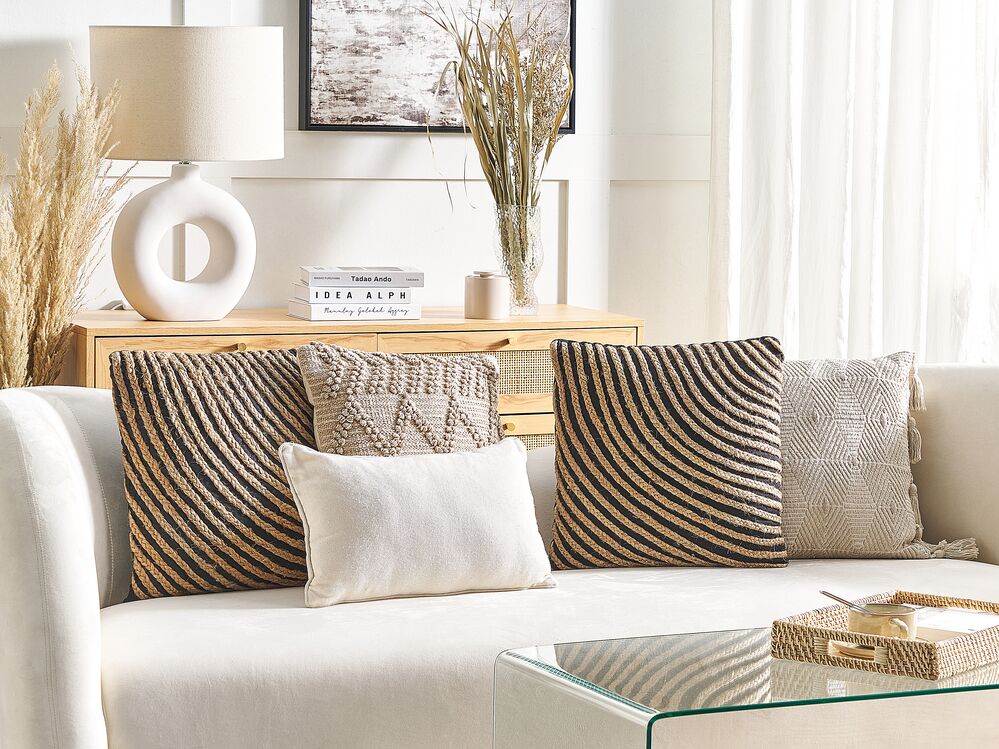 Cuscino decorativo juta beige 45 x 45 cm federa boho intrecciata tinta unita