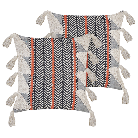 Set di 2 Cuscini Decorativi Cotone Multicolore 45 x 45 cm con Nappe Motivo Boho Chevron