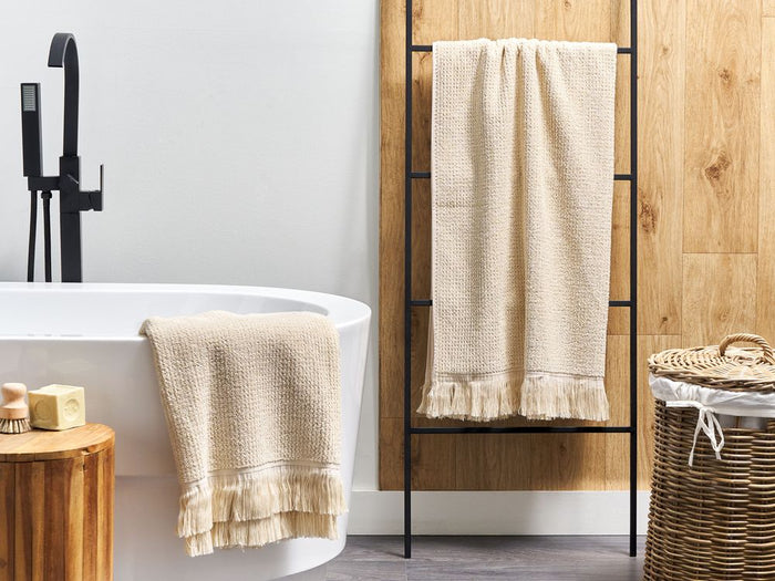 Set di 2 asciugamani bagno in spugna di cotone beige con nappe decorative