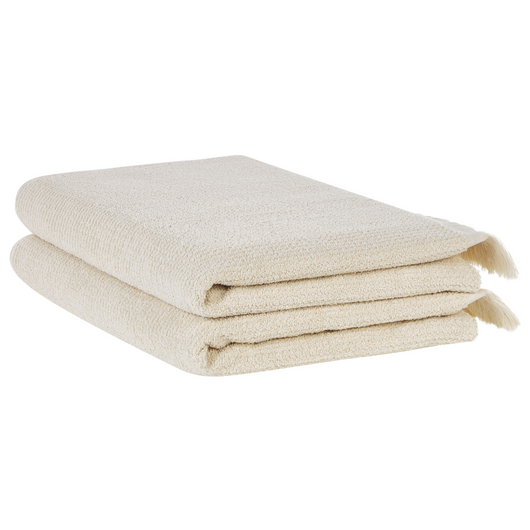 Set di 2 asciugamani bagno in spugna di cotone beige con nappe decorative