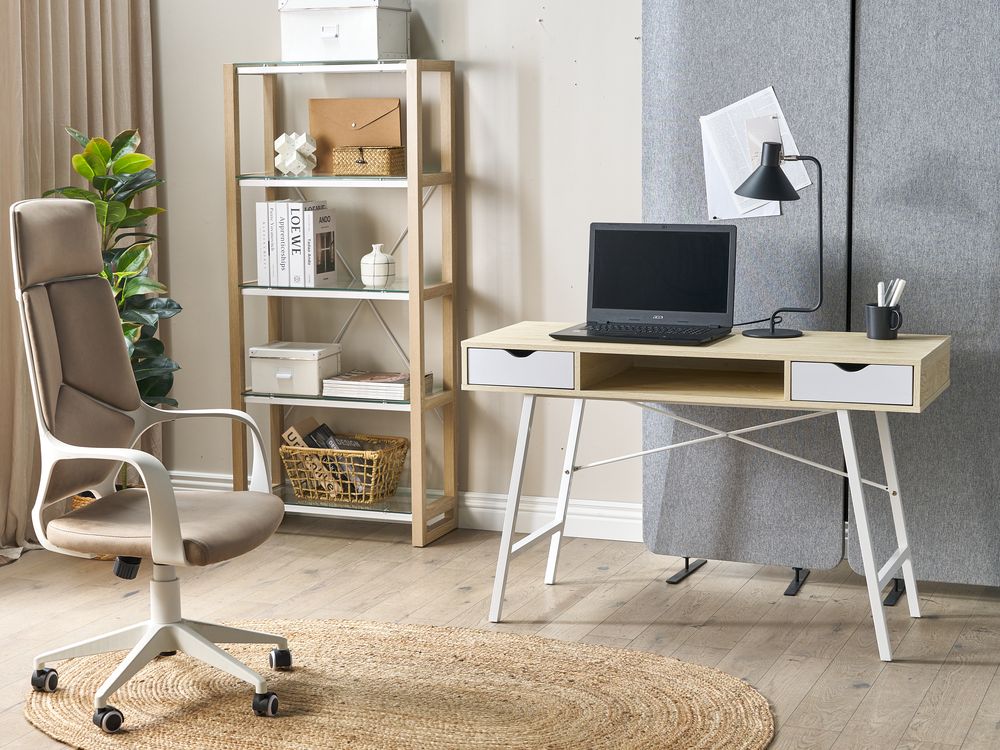 Set di mobili per ufficio, legno chiaro, MDF bianco, vetro, una scrivania, una libreria, un home office minimalista