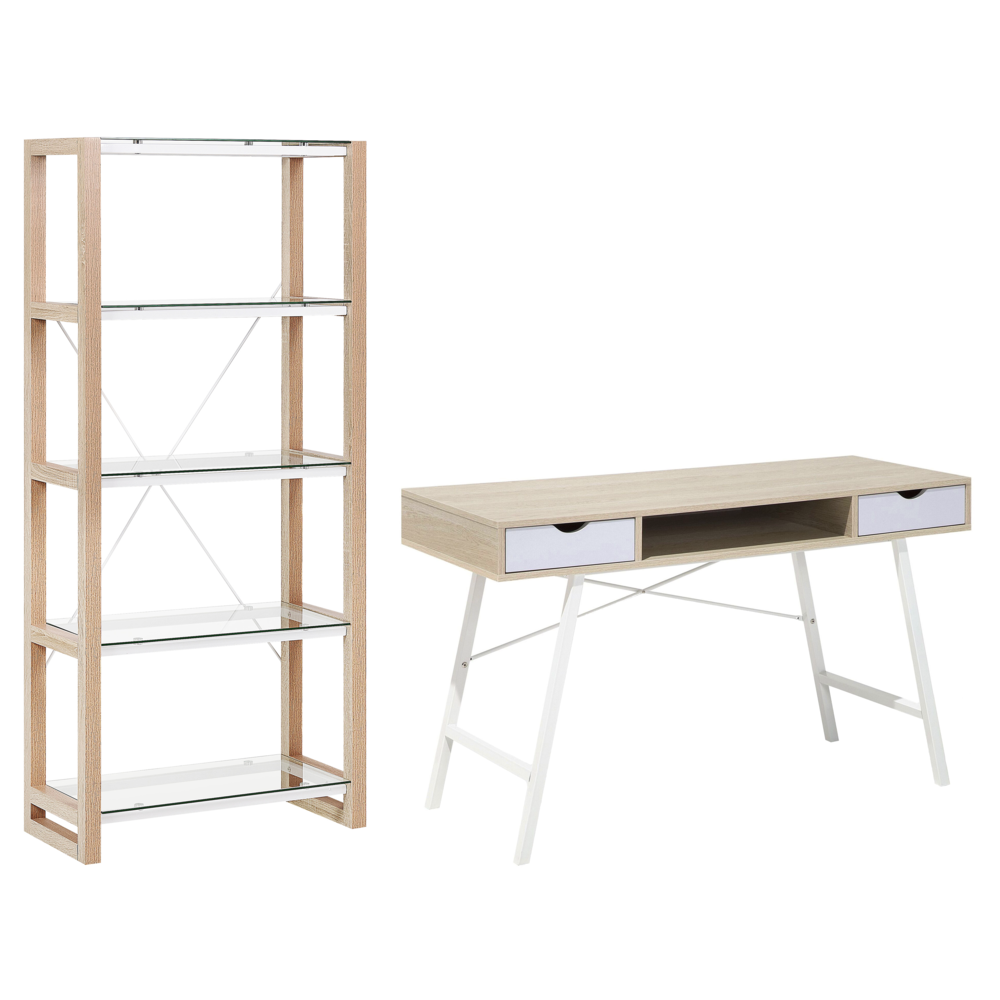 Set di mobili per ufficio, legno chiaro, MDF bianco, vetro, una scrivania, una libreria, un home office minimalista