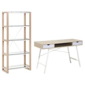 Set di mobili per ufficio, legno chiaro, MDF bianco, vetro, una scrivania, una libreria, un home office minimalista