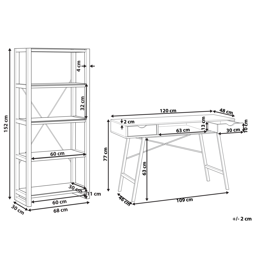 Set di mobili per ufficio, legno chiaro, MDF bianco, vetro, una scrivania, una libreria, un home office minimalista