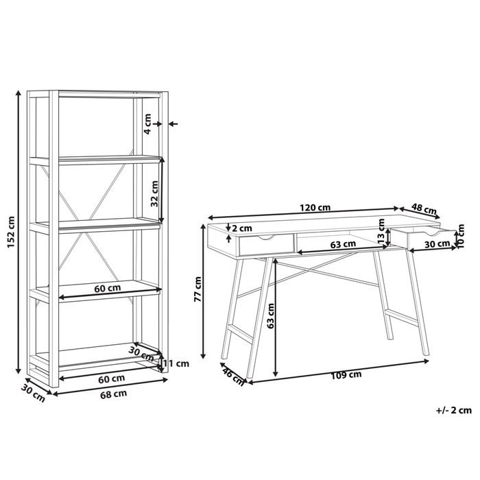 Set di mobili per ufficio, legno chiaro, MDF bianco, vetro, una scrivania, una libreria, un home office minimalista
