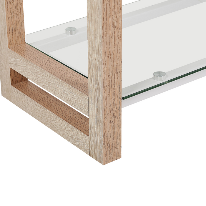 Set di mobili per ufficio, legno chiaro, MDF bianco, vetro, una scrivania, una libreria, un home office minimalista