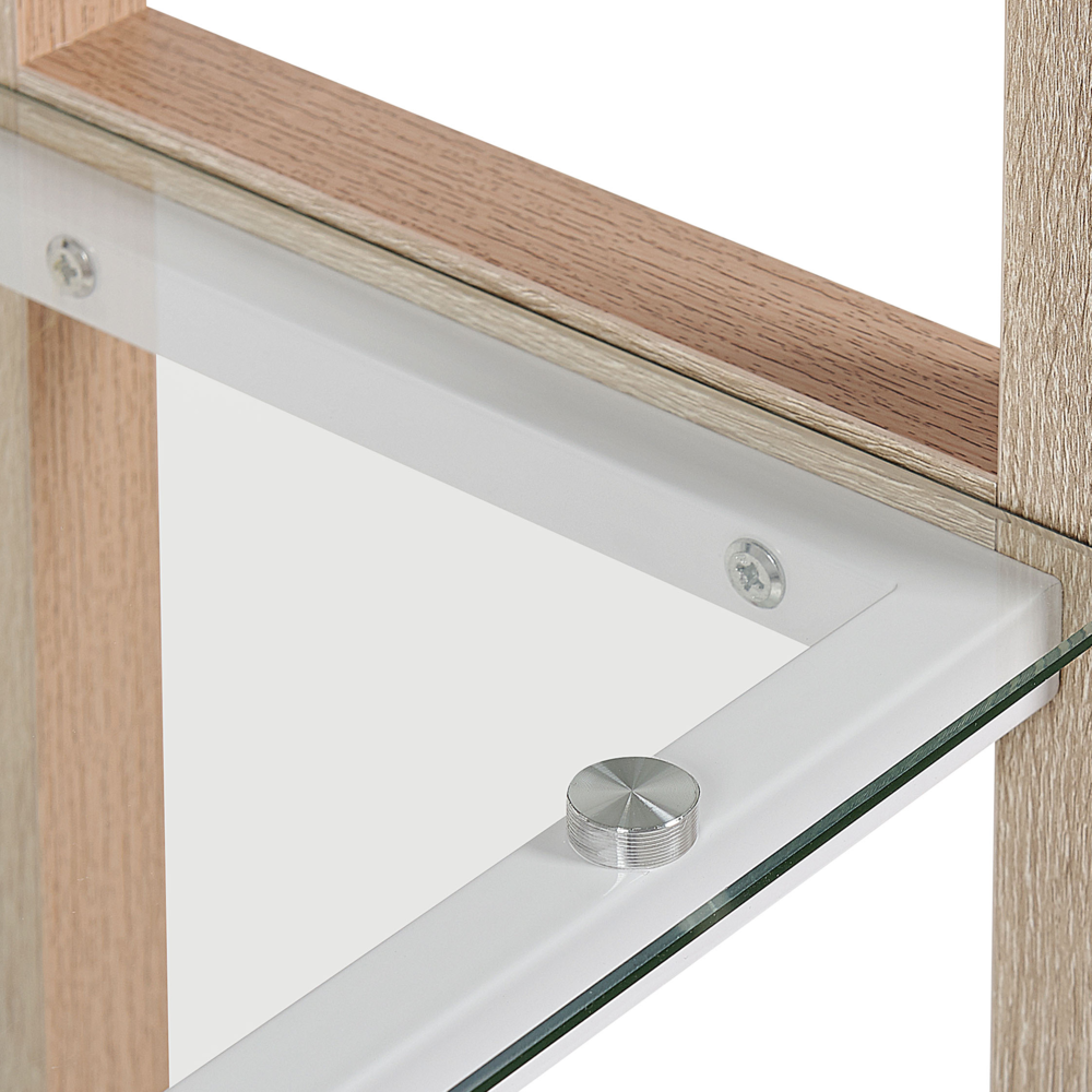 Set di mobili per ufficio, legno chiaro, MDF bianco, vetro, una scrivania, una libreria, un home office minimalista