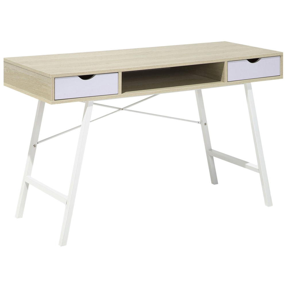 Set di mobili per ufficio, legno chiaro, MDF bianco, vetro, una scrivania, una libreria, un home office minimalista