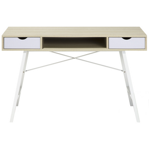 Set di mobili per ufficio, legno chiaro, MDF bianco, vetro, una scrivania, una libreria, un home office minimalista